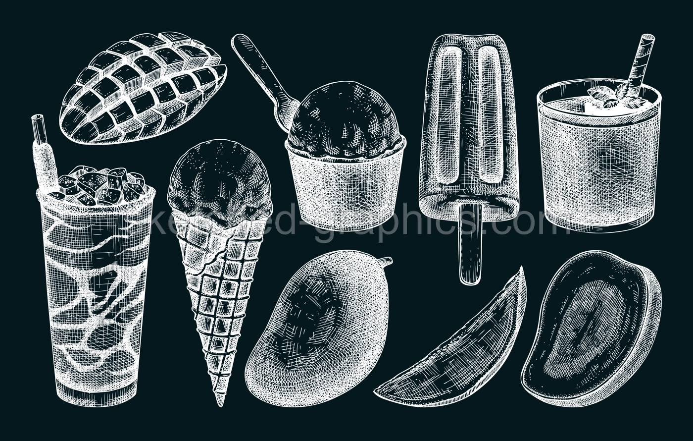 Mango and desserts sketches on chalkboard. Summer food hand drawn vector illustrations. Tropical fruit,  ice cream, cocktails, sorbet, gelato drawings. Sweet food design elements for labels, packaging Illustration